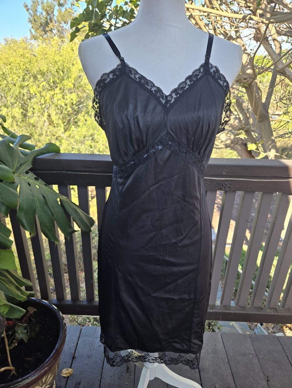 Vintage Figure Fit Black Lace Trim Slip Dress - Women Size 38